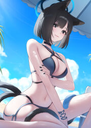1girl absurdres animal_ears bikini black_hair blue_archive blue_bikini blush bob_cut breasts character_request cloud cloudy_sky collarbone commentary_request criss-cross_halter from_below grey_eyes halo halterneck highres holding_own_arm light_smile looking_at_viewer medium_breasts navel sky solo soo_ou swimsuit under_umbrella