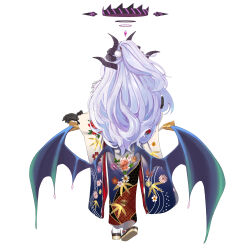 Rule 34 | 1girl, back, black gloves, black halo, blue archive, chen bingyou, demon girl, demon horns, demon wings, full body, gloves, halo, highres, hina (blue archive), horns, japanese clothes, kimono, simple background, solo, standing, white background, wings
