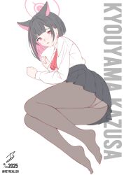 1girl alternate_costume animal_ears ascot ass black_hair black_pantyhose black_skirt blue_archive blunt_bangs blunt_ends blush bob_cut bright_pupils cat_ears cat_girl character_name clenched_hands collared_shirt colored_inner_animal_ears colored_inner_hair commentary d: dutch_angle english_commentary extra_ears eyes_visible_through_hair full_body hair_behind_ear hair_intakes hair_ornament hairclip halo highres kazusa_(blue_archive) legs legs_together long_sleeves looking_at_viewer lying miniskirt multicolored_hair no_shoes nose_blush on_side open_mouth panties panties_under_pantyhose pantyhose pink_hair pink_halo pleated_skirt realen red_ascot red_eyes shirt short_hair signature simple_background skirt solo straight_hair thighs toes twitter_username two-tone_hair underwear white_background white_panties white_shirt