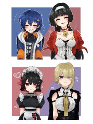 4girls ^_^ astra_yao belle_(zenless_zone_zero) black_coat black_hair black_shirt blonde_hair blue_hair closed_eyes coat coat_on_shoulders collared_shirt colored_inner_hair crossed_bangs earrings ellen_joe evelyn_chevalier hair_ornament hairband highres jewelry letter_hair_ornament long_hair maid metal_hairband mole mole_under_eye multicolored_hair multiple_girls necktie oshikurui purple_eyes razor_blade_hair_ornament red_eyes red_shrug shirt smile spiked_headband uneven_bangs upper_body white_hairband white_shirt yellow_necktie zenless_zone_zero