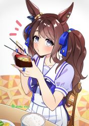 1girl animal_ears blurry blurry_background blush bowl breasts brown_hair chair chopsticks food grey_eyes highres holding holding_bowl holding_chopsticks horse_ears jewelry long_hair looking_at_viewer medium_breasts multicolored_nails nail_polish notice_lines puckered_lips puffy_short_sleeves puffy_sleeves purple_shirt rice ring school_uniform shirt short_sleeves sitting skirt solo soup table tohka_10days tosen_jordan_(umamusume) tracen_school_uniform twintails twitter_username umamusume white_skirt