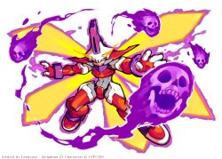 Rule 34 | 1boy, armor, aura, blonde hair, crotch plate, fire, floating skull, full body, helmet, long hair, male focus, mega man (series), mega man zx, model w (mega man), official alternate color, parted lips, partially shaded face, prometheus (mega man), purple fire, red armor, red eyes, red helmet, simple background, skull-shaped hat, smirk, solo, teeth, tomycase, white background, white helmet
