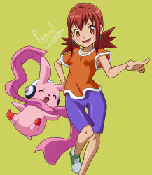 blush closed_eyes cutemon digimon digimon_xros_wars hair_ornament hairclip happy headphones highres hinomoto_akari long_hair looking_at_viewer nanaeljustice orange_eyes red_hair smile twintails