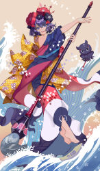 1girl absurdres barefoot blue_eyes blush breasts calligraphy_brush fate/grand_order fate_(series) full_body giant_brush hair_bun hair_ornament hairpin highres japanese_clothes katsushika_hokusai_(fate) kimono long_sleeves looking_at_viewer medium_breasts octopus off_shoulder open_mouth paintbrush purple_hair purple_kimono red_kimono sash short_hair smile star_(user_hnnj2442) tokitarou_(fate) waves wide_sleeves