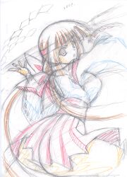 1girl ass breasts brown_eyes brown_hair dated headband highres huge_ass incoming_attack japanese_clothes kumon_waka large_breasts legs long_hair naginata parted_lips phantom_breaker polearm serious sideboob skirt solo thighs traditional_media weapon