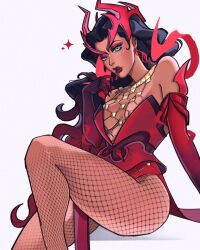 1girl animification avengers_(series) breasts brown_hair closed_mouth dress fishnets formal_clothes green_eyes highres long_hair looking_at_viewer marvel marvel_rivals medium_breasts monica_(megamilksman) pantyhose scarlet_witch simple_background solo wanda_maximoff
