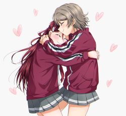2girls absurdres blush closed_eyes commentary_request grey_hair heart highres hug long_hair love_live! love_live!_sunshine!! multiple_girls red_hair sakurauchi_riko simple_background watanabe_you white_background yuchi_(salmon-1000) yuri