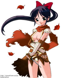 1990s_(style) 1girl armor assassin_cross_(ragnarok_online) black_hair blush bow breasts brown_cape brown_gloves brown_leotard cape cleavage commentary_request dagger elbow_gloves fingerless_gloves gloves green_eyes hair_bow high_ponytail holding holding_dagger holding_knife holding_weapon ice_pick knife kogane_hiroshi leaf leotard medium_breasts open_mouth pauldrons ponytail ragnarok_online red_bow red_scarf retro_artstyle scarf shoulder_armor simple_background solo torn_cape torn_clothes torn_scarf vambraces waist_cape watermark weapon web_address white_background