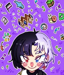 1girl absurdres asexual_flag bee black_hair blue_eyes blush blush_stickers bug chromashift closed_mouth commentary confetti crown earrings english_commentary eyelashes flag grass_block handheld_game_console hetero highres ikea_shark inkling_(swim_form) insect jewelry lucinda_grey minecraft multicolored_hair nintendo nintendo_ds pikmin_(creature) pikmin_(series) portrait purple_background purple_hair red_eyes red_pikmin rin_penrose scarf short_hair skrunkly_(rin_penrose) smile snail snebby_(rin_penrose) solo_focus sparkle splatoon_(series) split-color_hair stuffed_animal stuffed_shark stuffed_toy two-tone_hair unworn_crown virtual_youtuber yellow_scarf