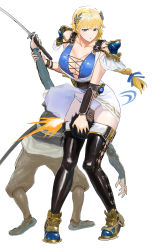 Rule 34 | 1boy, 1girl, arm grab, bdsm, black hair, blonde hair, blue eyes, breasts, death, defeat, hair ornament, hetero, highres, large breasts, leaf hair ornament, long hair, looking at another, looking down, mixed-sex combat, panties, pantyshot, ponytail, revealing clothes, reverse ryona, scissorhold, seset, shoes, short hair, skirt, sophitia alexandra, soul calibur, strong woman, sword, tight clothes, underwear, weak male, weapon, white background, white panties, white skirt