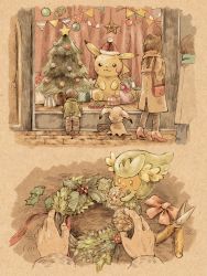 1boy 1girl bag bow child christmas christmas_tree comfey commentary_request creatures_(company) game_freak gen_1_pokemon gen_7_pokemon gift glass handbag hat high_heels leaning_forward looking_to_the_side matsuri_(matsuike) mimikyu nintendo pikachu pokemon pokemon_(creature) santa_hat standing staryu window