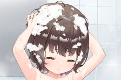 Rule 34 | 1girl, arms up, brown hair, closed eyes, closed mouth, commentary request, cropped, makigai, original, paid reward available, short hair, soap bubbles, solo, tile wall, tiles, washing hair