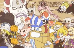 Rule 34 | 3girls, 6+boys, absalom, bandages, bat (animal), bat wings, blonde hair, blush stickers, boar, breasts, candy, capelet, carrying, cleavage, colored skin, crown, doctor hogback, fangs, feather boa, flying, food, gecko moria, ghost, halloween, hat, head rest, hildon (one piece), horns, kumacy, large breasts, lola (one piece), lollipop, long hair, mask, mouth mask, multiple boys, multiple girls, one piece, perona, piggyback, pink hair, plate, pumpkin, risky brothers, ryuuma (one piece), samurai, scar, sharp teeth, squirrel, stitches, striped clothes, striped legwear, striped thighhighs, stuffed animal, stuffed penguin, stuffed toy, sunglasses, surgical mask, teeth, thighhighs, thriller bark, twintails, victoria cindry, white skin, wings, yukke, zombie