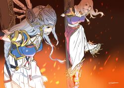 2girls armor armored_dress bdsm blue_armor bondage bound braid commission dress feathers grey_hair helmet highres ikeda_kazuhiro lenneth_valkyrie long_hair low-braided_long_hair low-tied_long_hair multiple_girls shoulder_armor silmeria_valkyrie skeb_commission tied_up_(nonsexual) valkyrie valkyrie_anatomia valkyrie_profile_(series) very_long_hair winged_helmet