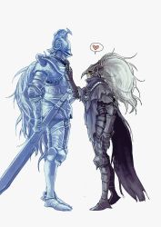 2boys armor banished_knight_oleg cape closed_mouth elden_ring full_armor gauntlets greaves heart height_difference highres long_hair armored_boots multiple_boys plume simple_background smile spoken_heart sword tarnished_(elden_ring) tworain_w very_long_hair weapon white_background