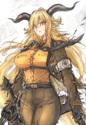 1girl absurdres animal_ears arknights armband belt black_belt black_gloves black_necktie blonde_hair breasts brown_jacket brown_pants closed_mouth collared_shirt commentary cowboy_shot degenbrecher_(arknights) dress_shirt dual_wielding gloves goat_ears goat_girl goat_horns goat_tail hair_between_eyes highres holding horns jacket kjerag_logo large_breasts long_hair looking_at_viewer military_jacket necktie open_clothes open_jacket orange_shirt pants sakutein_oekaki serious shirt shirt_tucked_in simple_background solo standing sword twitter_username underbust v-shaped_eyebrows weapon white_armband white_background wind yellow_eyes