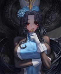 1girl absurdres black_hair black_pantyhose blush bodystocking breasts cleavage flower gloves goddess_of_victory:_nikke hat highres kimdooboo large_breasts long_hair looking_at_viewer maiden_(ice_rose)_(nikke) maiden_(nikke) official_alternate_costume open_mouth pantyhose red_eyes smile solo very_long_hair white_gloves