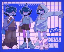 Rule 34 | 1other, :o, alternate costume, blue hair, blue skin, colored skin, deltarune, hat, highres, hood, hoodie, kris (dark world) (deltarune), kris (deltarune), shio tou, shorts, sweater vest