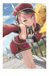 1girl 3girls :p bare_shoulders blue_gemstone breasts newsboy_cap camera charlotte_(genshin_impact) clothes_pull cross-laced_clothes cross-laced_sleeves detached_sleeves envyvanity gem genshin_impact gloves hat hat_feather highres holding lace-up_sleeves leaning_forward long_sleeves looking_at_viewer lumine_(genshin_impact) medium_breasts medium_hair monocle multiple_girls paimon_(genshin_impact) pink_hair puffy_detached_sleeves puffy_sleeves red_hat red_sleeves selfie shirt sideboob sleeveless smile solo solo_focus thigh_strap thighs tongue tongue_out white_gloves