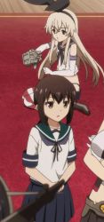 &gt;_&lt; 10s 4girls :3 animated animated_gif anime_screenshot black_hair blonde_hair boots breasts closed_eyes crossed_arms detached_sleeves elbow_gloves fubuki_(kancolle) gloves hairband headgear high_heel_boots high_heels ibata_shouta kantai_collection kantai_collection_(anime) large_breasts long_hair multiple_girls mutsu_(kancolle) nagato_(kancolle) non-web_source o3o rensouhou-chan school_uniform seiza serafuku shimakaze_(kancolle) short_hair sidelocks sitting skirt striped_clothes striped_legwear striped_thighhighs thighhighs