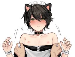2boys ahoge alternate_costume animal_ears apron armband bare_shoulders bishounen black_hair blush cat_ears clothes_pull collar crossdressing crossdressing_(mtf) enmaided geki_(sunaba_(nczd5875)) green_eyes hands_up maid maid_headdress multiple_boys nipples original short_hair simple_background solo_focus sunaba_(nczd5875) twitching