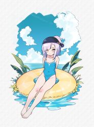 1girl barefoot blue_one-piece_swimsuit brown_eyes closed_mouth cloud collarbone covered_navel facial_mark grey_background highres innertube lav_(world_flipper) mwm5 one-piece_swimsuit ponytail purple_hair short_hair sitting solo swim_cap swim_ring swimsuit world_flipper
