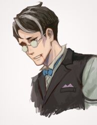 1boy ace_attorney black_eyes black_hair black_vest blood blood_from_mouth blue_bow blue_bowtie bow bowtie chinese_commentary commentary_request cropped_torso glasses grey_hair handkerchief_in_pocket highres kaze_(yznyttdgs) lapels male_focus multicolored_hair notched_lapels round_eyewear satoru_hosonaga shirt short_hair simple_background solo the_great_ace_attorney two-tone_hair vest white_background white_shirt