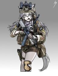 1girl alternate_costume animal_ears arknights armor assault_rifle blue_eyes chinese_commentary commentary commentary_request commission cropped_legs english_commentary gloves gradient_background green_gloves green_jacket grey_background grey_hair grey_tail gun hair_between_eyes headset helmet highres holding holding_gun holding_weapon jacket knee_pads kuroinu9 lappland_(arknights) long_hair looking_at_viewer material_growth microphone mixed-language_commentary oripathy_lesion_(arknights) partial_commentary rifle scar scar_across_eye scar_on_face second-party_source single_knee_pad solo standing tactical_clothes tail weapon wolf_ears wolf_girl wolf_tail