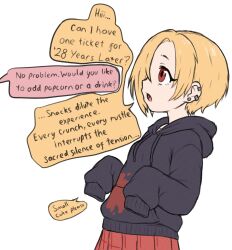 1girl beachepisode black_hoodie blonde_hair ear_piercing english_text flat_color from_side hair_over_one_eye highres hood hood_down hoodie idolmaster idolmaster_cinderella_girls open_mouth piercing pleated_skirt red_eyes red_skirt shirasaka_koume short_hair simple_background skirt sleeves_past_fingers sleeves_past_wrists solo speech_bubble white_background
