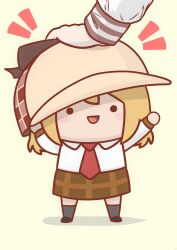 ._. 2girls :d ^^^ absurdres black_footwear blonde_hair blush_stickers brown_headwear brown_skirt chibi commentary deerstalker full_body grey_socks hands_up hat headpat highres hololive hololive_english long_sleeves looking_up multiple_girls necktie open_mouth oversized_hat phdpigeon plaid_clothes plaid_skirt red_necktie shirt shoes simple_background skirt smile smol_ame socks solid_circle_eyes solo_focus standing symbol-only_commentary virtual_youtuber watson_amelia white_shirt yellow_background