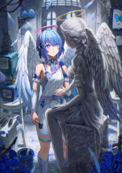 1girl absurdres angel_wings bare_shoulders bird blue_eyes blue_flower blue_hair blue_nails boots breasts bright_pupils bug butterfly closed_mouth commentary_request facing_viewer falling_feathers feathered_wings feathers feet_out_of_frame flower framed_insect gradient_hair hair_ornament halo highres holding holding_hands holding_mallet indoors insect isome knee_boots looking_at_object mallet medium_breasts medium_hair multicolored_hair nail_polish original paint_can pink_halo purple_hair sculpting sculpture smile solo statue stool thigh_strap wings yellow_halo