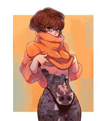 Rule 34 | 1girl, aku (samurai jack), black panties, blooregard q kazoo, breasts, brown hair, bubbles (ppg), character tattoo, clothes lift, company connection, courage (character), covered mouth, cowboy shot, dexter (dexter&#039;s laboratory), draw this in your style challenge, glasses, grim (grim adventures), highres, jake the dog, johnny bravo, mojo jojo, navel, navel piercing, orange sweater, panties, piercing, rectangular eyewear, scooby-doo, short hair, signature, solo, stefiebunns, sweater, sweater lift, tattoo, underboob, underwear, velma dinkley