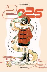 1girl 2025 absurdres animal aoyama_wasabi artist_name beanie black_boots black_hair black_skirt boots chinese_zodiac closed_mouth coat english_text full_body hands_in_pockets happy_new_year hat heart high_heel_boots high_heels highres looking_at_another mixed-language_text new_year original pleated_skirt red_coat red_hat short_hair skirt snake standing string string_of_fate tongue tongue_out translated yarn yarn_ball year_of_the_snake