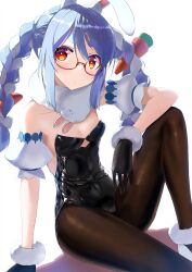 Rule 34 | 1girl, animal ears, arm support, black gloves, black leotard, black pantyhose, blue hair, braid, breasts, carrot hair ornament, closed mouth, food-themed hair ornament, glasses, gloves, hair ornament, highres, hololive, leotard, long hair, looking at viewer, multicolored hair, orange eyes, pantyhose, playboy bunny, rabbit ears, rabbit girl, sagamihara sakyou, small breasts, solo, twin braids, two-tone hair, usada pekora, virtual youtuber, white hair