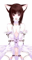 1girl animal_ears blush brown_hair cat_ears dress es es_(cah60700) female_focus female_pubic_hair flat_chest highres no_panties open_mouth original pubic_hair pussy short_hair solo spread_legs thighhighs