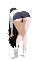 Rule 34 | 1girl, ass, ass focus, bent over, black hair, black panties, commentary request, dropped object, facing away, from behind, full body, goddess of victory: nikke, highres, kneepits, knees together feet apart, leaning forward, legs, long hair, marciana (nikke), marciana (school days) (nikke), mixed-language commentary, official alternate costume, panties, peach-cup, pen, pencil skirt, reaching, see-through clothes, see-through skirt, shirt, shoes, simple background, skirt, sleeves rolled up, solo, underwear, unmoving pattern, white background, white shirt, white shoes