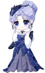 Rule 34 | 1girl, absurdres, bare shoulders, black gloves, blue dress, blue eyes, blue flower, blue rose, bun with braided base, choker, closed mouth, deformed, dress, earrings, elbow gloves, eyelashes, feather hair ornament, feathers, floral print, flower, full body, fur shawl, gloves, gown, grey choker, grey dress, hair bun, hair ornament, happy, highres, infinity nikki, jewelry, layered dress, light blush, light particles, long dress, looking ahead, necklace, nikki (series), parted bangs, pleated dress, purple hair, rose, shawl, short hair, simple background, single hair bun, smile, solo, sparkle, spectral mist (infinity nikki), standing, strapless, strapless dress, tareme, updo, white background, white shawl, zhizhizhizhizhizong