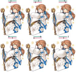 1girl attribute_slider belt black_gloves blue_eyes blue_ribbon blush braid breast_expansion breast_slider breasts brown_hair bust_chart closed_mouth commentary covered_erect_nipples flat_chest gameplay_mechanics gloves hair_ribbon hand_on_own_hip highres holding holding_staff hood hood_down huge_breasts large_breasts long_hair long_sleeves looking_at_viewer medium_breasts multiple_views original plump ribbon robe sachito slider small_breasts staff twintails white_robe