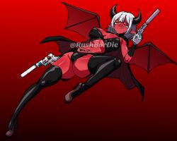 1girl :p astaria_(miss_neko) black_horns black_thighhighs breasts brown_shoes closed_mouth cloud9 colored_skin commentary commission counter-strike_(series) counter-strike_2 demon_girl demon_wings dual_wielding english_commentary full_body gun h&amp;k_usp handgun highres holding horns hugo_(rushbordie) large_breasts looking_at_viewer major_league_gaming miss_neko mlg pubic_tattoo red_background red_eyes red_skin red_wings shoes short_hair simple_background smile solo suppressor tattoo thighhighs tongue tongue_out weapon white_hair wings