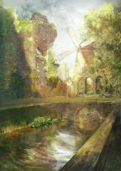 Rule 34 | brick wall, bridge, building, cloud, cloudy sky, commentary request, day, dilapidated, nao1524, no humans, original, outdoors, overgrown, reflection, river, ruins, scenery, sky, sunlight, tree, water, windmill