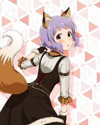 1girl :o animal_ear_fluff animal_ears arm_support belt belt_buckle blush bodice brown_belt brown_dress brown_gloves buckle detached_collar dirndl dot_nose dress fake_animal_ears fox_ears fox_tail frilled_sleeves frills from_behind fur-trimmed_collar fur-trimmed_gloves fur_trim german_clothes gloves hand_up idolmaster idolmaster_million_live! idolmaster_million_live!_theater_days konkon_comfort_(idolmaster) looking_back makabe_mizuki official_alternate_costume official_art purple_hair shirt short_hair sidelocks sleeveless sleeveless_dress solo tail three-quarter_sleeves triangle_background wavy_hair white_shirt