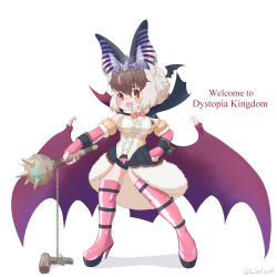 1girl absurdres animal_ears bat_ears bat_girl bat_wings brown_eyes brown_hair brown_long-eared_bat_(kemono_friends) crown elbow_gloves extra_ears fingerless_gloves full_body gloves grey_hair high_heels highres kemono_friends kemono_friends_v_project leotard long_hair looking_at_viewer microphone multicolored_hair nail_polish saival_cat simple_background skirt solo streaked_hair thighhighs virtual_youtuber weapon wings