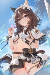 blush braid breasts brown_hair bug butterfly cleavage closed_mouth commentary_request curren_bouquetd&#039;or_(umamusume) grey_eyes hair_between_eyes hair_ornament highres horse_girl horse_tail insect kita_(kitairoha) long_hair low_twin_braids navel ocean palm_tree ribbon sky smile swimsuit tail tree twin_braids umamusume water