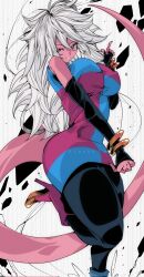 1girl android_21 artist_name black_pantyhose blue_dress blue_eyes bracelet breasts checkered_clothes checkered_dress colored_skin curvy detached_sleeves dragon_ball dragon_ball_fighterz dress high_heels highres jewelry kinakomochi_(user_vedc2333) large_breasts long_hair looking_at_viewer majin_android_21 pantyhose pink_skin red_dress short_dress sleeveless smile solo standing standing_on_one_leg tail thick_thighs thighs white_hair wide_hips