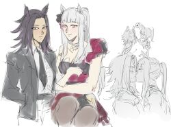 2girls animal_ears bare_arms black_hair black_jacket black_necktie blunt_bangs blush closed_mouth collared_shirt curtained_hair dress fenomeno_(umamusume) flipped_hair from_side gold_ship_(umamusume) hand_in_pocket hand_on_another&#039;s_shoulder hashtag-only_commentary heart highres horse_ears horse_girl jacket jewelry kiss long_hair looking_at_viewer multiple_girls necklace necktie partially_colored pink_eyes pointing pointing_at_self ponytail profile purple_hair shirt simple_background single_bare_shoulder sketch smile suit_jacket toi_yeu_gai_ngua umamusume white_background white_hair white_shirt yuri