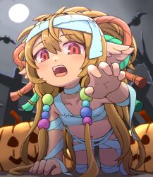 1girl bandage_on_hair bandaged_arm bandaged_chest bandaged_hand bandaged_head bandaged_leg bandaged_neck bandaged_wrist bandages bat_(animal) beads blonde_hair budget_sarashi claw_pose crawling full_moon granblue_fantasy hair_beads hair_ornament harvin hidemushi highres jack-o&#039;-lantern long_hair looking_at_viewer mahira_(granblue_fantasy) moon naked_bandage navel pumpkin red_eyes sarashi solo very_long_hair