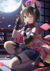 1girl ;) absurdres animal_ear_fluff animal_ears black_gloves black_sailor_collar black_shoes blue_archive blurry blush breasts brown_hair commentary_request depth_of_field fang fishnet_thighhighs fishnets floral_print floral_print_kimono fox_ears fox_hair_ornament fox_shadow_puppet full_moon gloves grey_skirt hair_between_eyes hair_ornament halo highres izuna_(blue_archive) japanese_clothes kimono kunai makeup moon neckerchief one_eye_closed partially_fingerless_gloves petals pink_halo pom_pom_(clothes) pom_pom_hair_ornament print_kimono red_neckerchief rissenka sailor_collar shirt shoes single_fishnet_legwear skirt smile solo thighhighs weapon white_shirt yellow_eyes