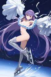 bottomless fate/grand_order fate_(series) highres meltryllis meltryllis_(fate) meltryllis_(swimsuit_lancer)_(fate) navel no_panties no_pants purple_hair shiny_skin skating water