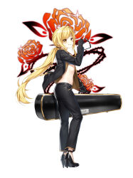 1girl black_gloves black_jacket black_pants black_shoes blonde_hair chest_sarashi closers from_side full_body gloves grin hand_up high_heels highres holding holding_removed_eyewear holding_suitcase jacket long_hair long_sleeves looking_at_viewer looking_to_the_side low_ponytail lucy_(closers) official_art open_clothes open_jacket pants ponytail sarashi shoes sidelocks simple_background smile solo standing stomach suitcase sunglasses unworn_eyewear very_long_hair white_background yellow_eyes
