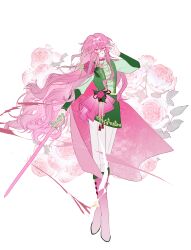1boy absurdres boots chinese_commentary commentary_request crossed_legs double-parted_bangs floral_background flower full_body green_jacket green_shirt green_skirt hair_between_eyes hand_up highres holding holding_sword holding_weapon jacket knee_boots leaf long_hair long_sleeves male_focus no_pupils outline outstretched_arm pale_skin pants parted_lips personification pink_boots pink_eyes pink_flower pink_hair pink_rose plantar_flexion plants_vs._zombies plants_vs._zombies_2 plants_vs._zombies_2_(chinese) puffy_sleeves rose rose_swordfighter scar scar_across_eye scar_on_face shirt sidelocks siiiiiiiiiii simple_background skirt sleeveless sleeveless_jacket solo standing sword tassel trap turtleneck turtleneck_shirt very_long_hair wavy_hair weapon white_outline white_pants wind